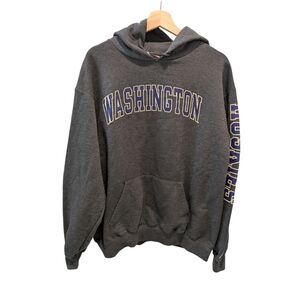 Champion Washington UW Huskies Hoodie Sweatshirt Heather Gray Sleeve Spell Out L
